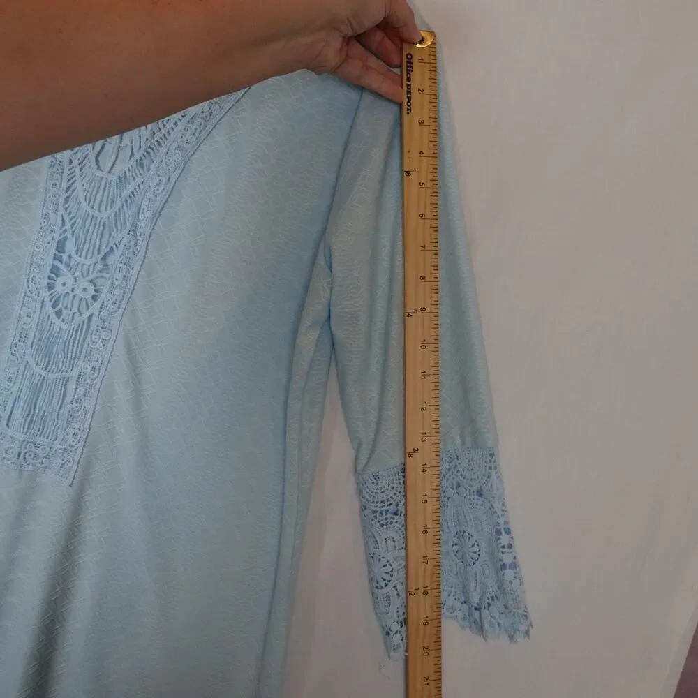 Swimsuit Cover Up Women Plus 1XL Blue Lace Crochet 3/4 Sleeves Resort Wear Beach